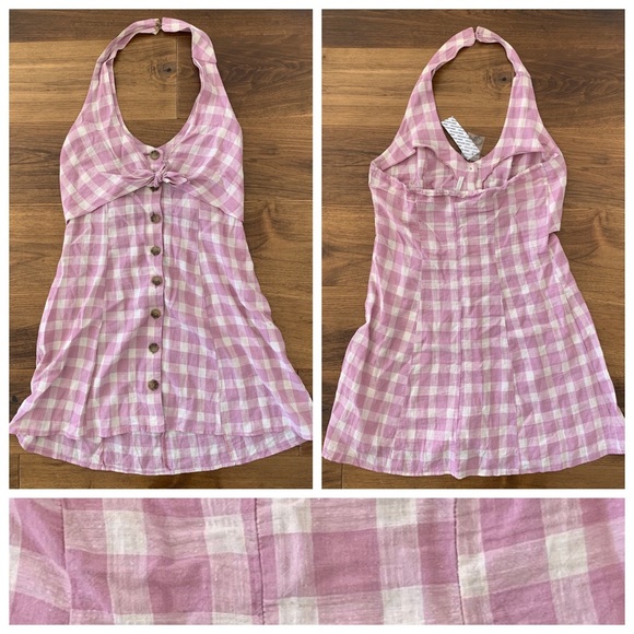 NWT UO Linen Blend Tie Front Plaid Halter Dress - Picture 4 of 4